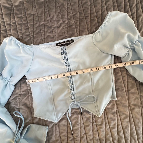 Maniere De Voir Sky Blue Off-Shoulder Blouse with Ties for versatile sizing - Picture 6 of 10